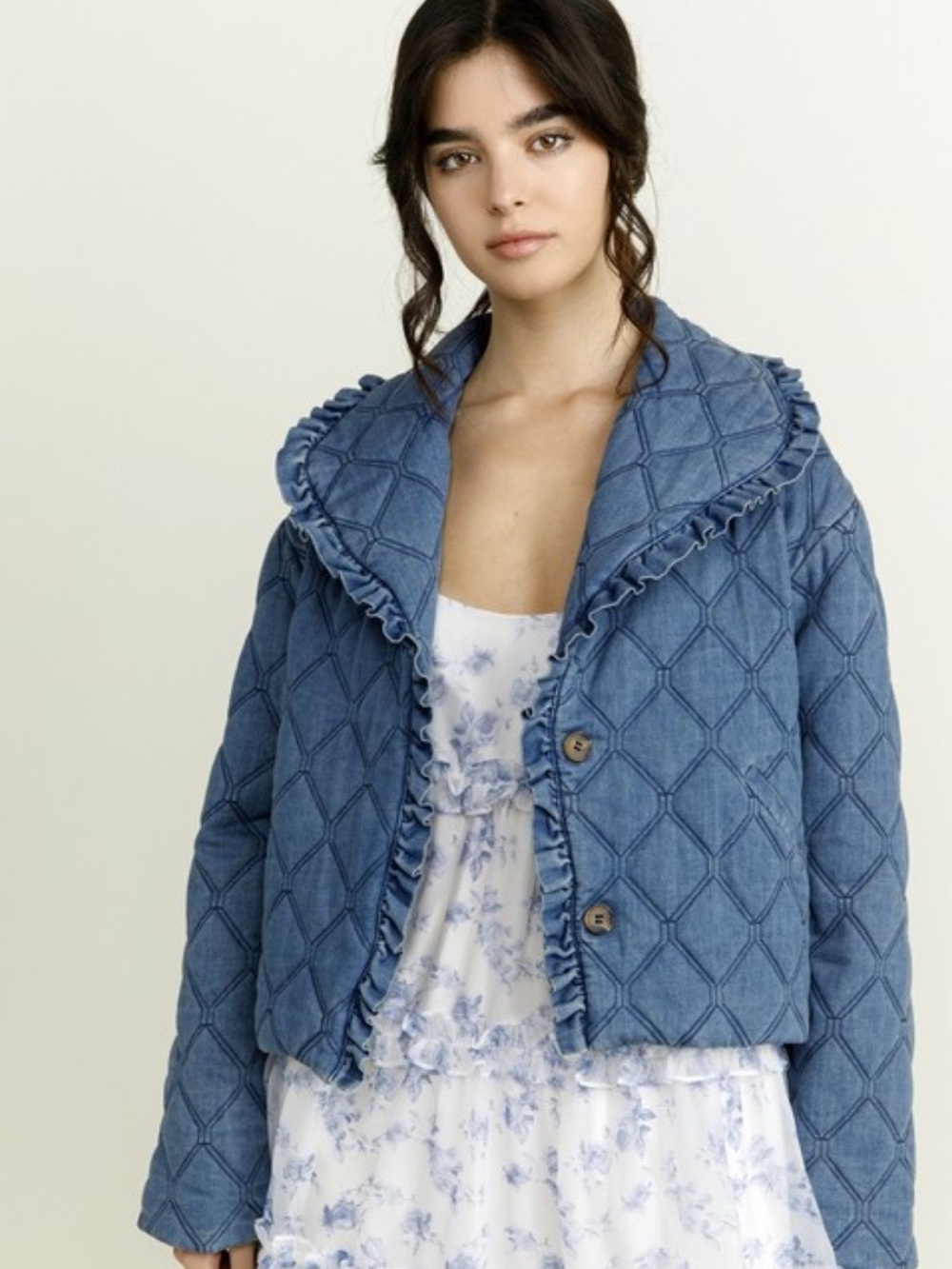 Storia Blue Quilted Jacket with Ruffle Trim